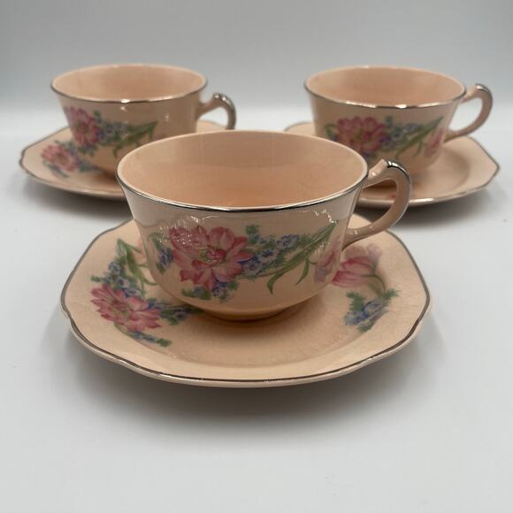 Vintage Quadro Crooksville Pink Floral Cup & Saucer set of 3 Coffee Tea - Picture 1 of 7